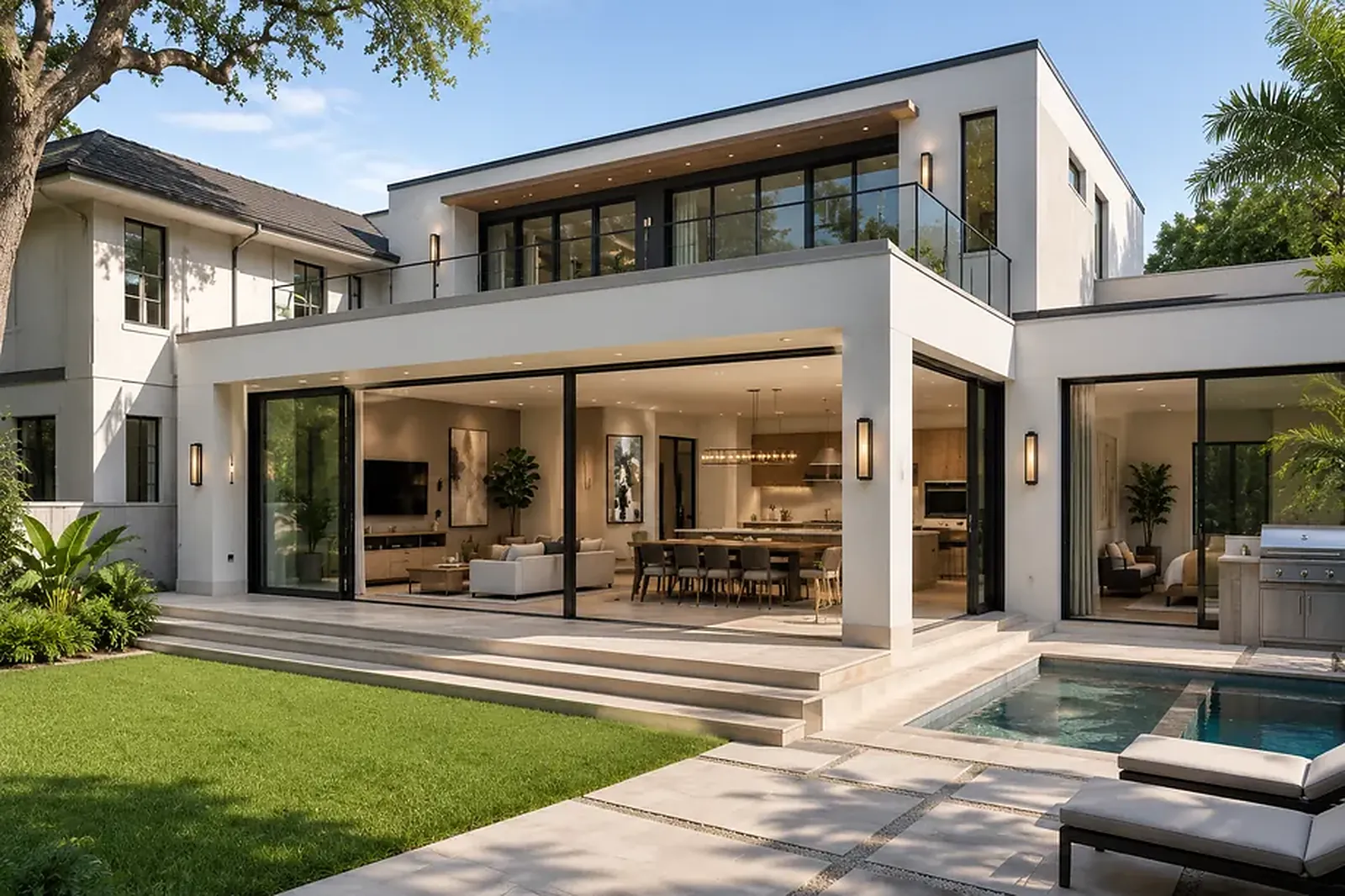 Modern rear addition with floor-to-ceiling glass joined to an existing two-story home — architectural rendering