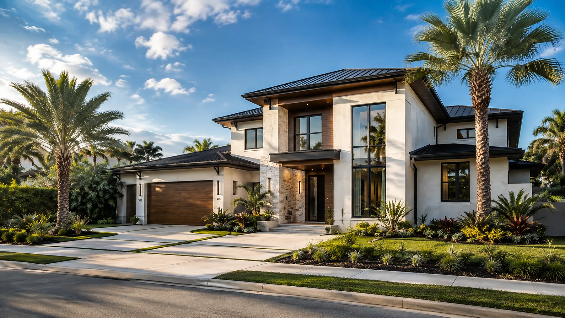 Modern two-story coastal home with royal palms — architectural rendering