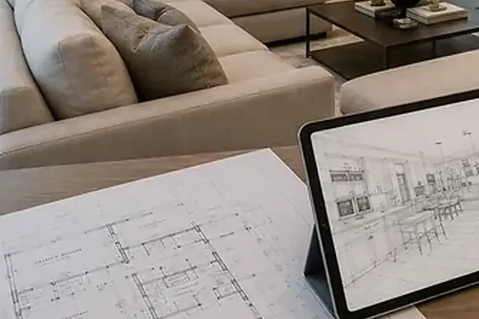 PGX Builders Group office with building plans, permit paperwork, and Florida Building Code volumes — architectural rendering