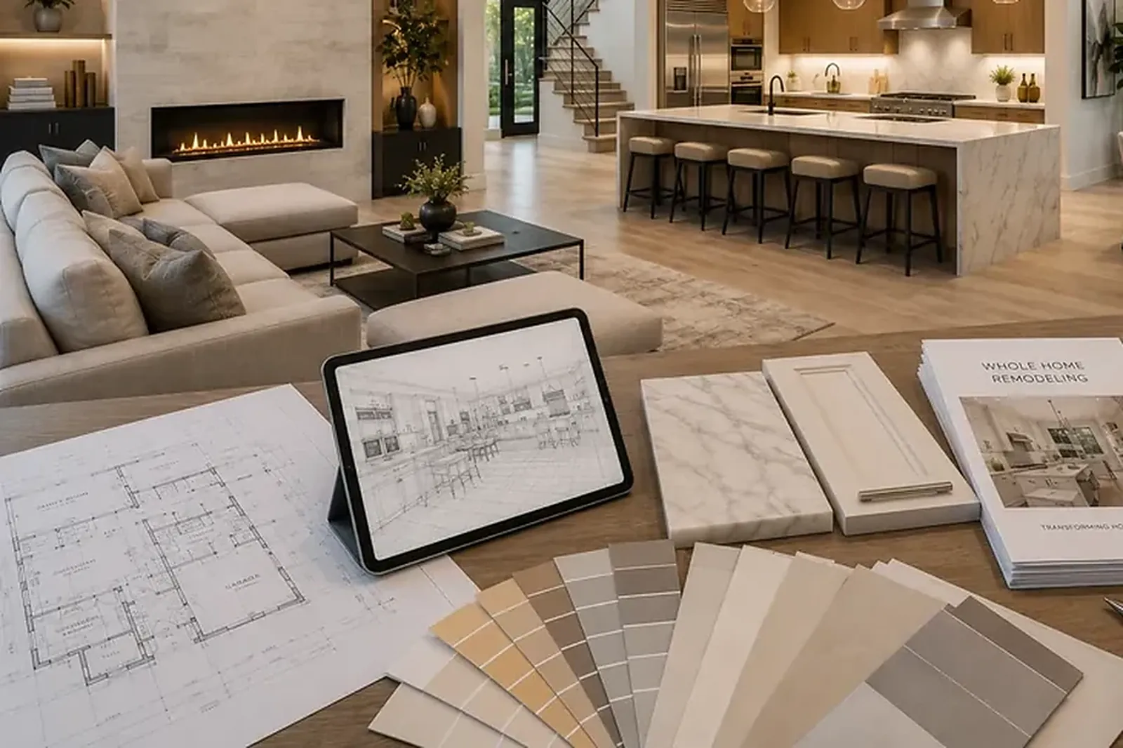 Open-plan remodeled living space with plans, finish samples, and a PGX hard hat — architectural rendering